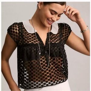 Maeve Black Sheer Polka Dot Blouse with White Collar